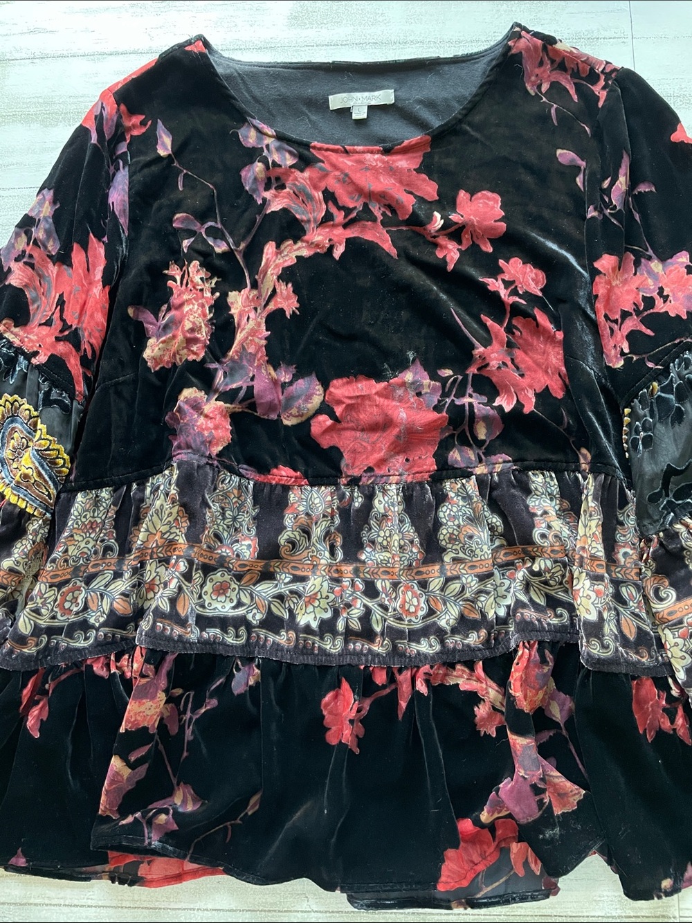 John Mark Black Velvet Blouse with Red Floral Print